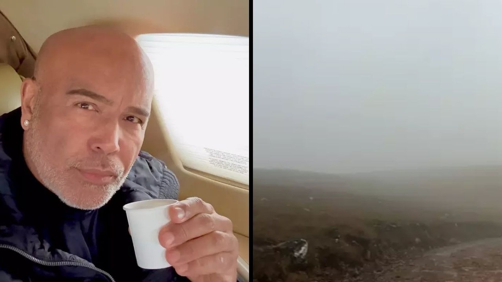 Cantor Rick em aeronave segurando copo, ao lado de paisagem encoberta por neblina densa