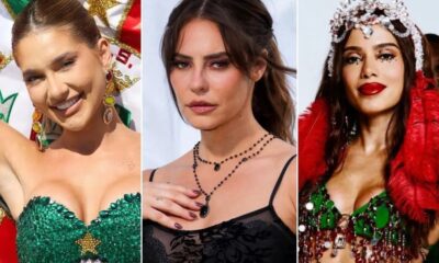 Três closes: mulher de verde, mulher de preto, e mulher de cocar e penas