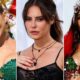 Três closes: mulher de verde, mulher de preto, e mulher de cocar e penas