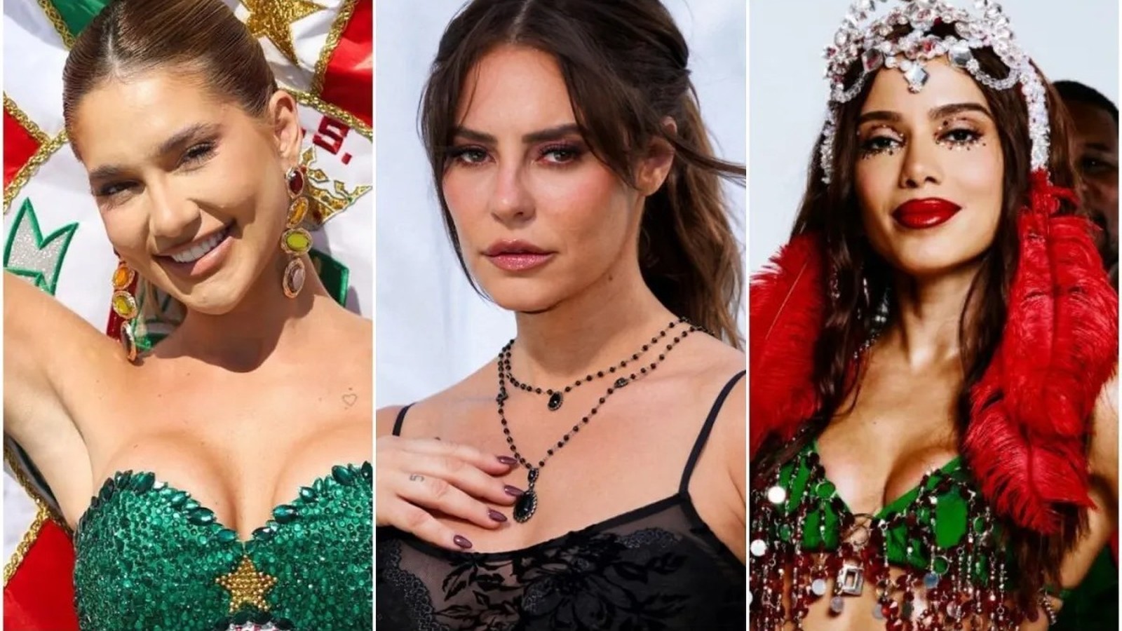 Três closes: mulher de verde, mulher de preto, e mulher de cocar e penas
