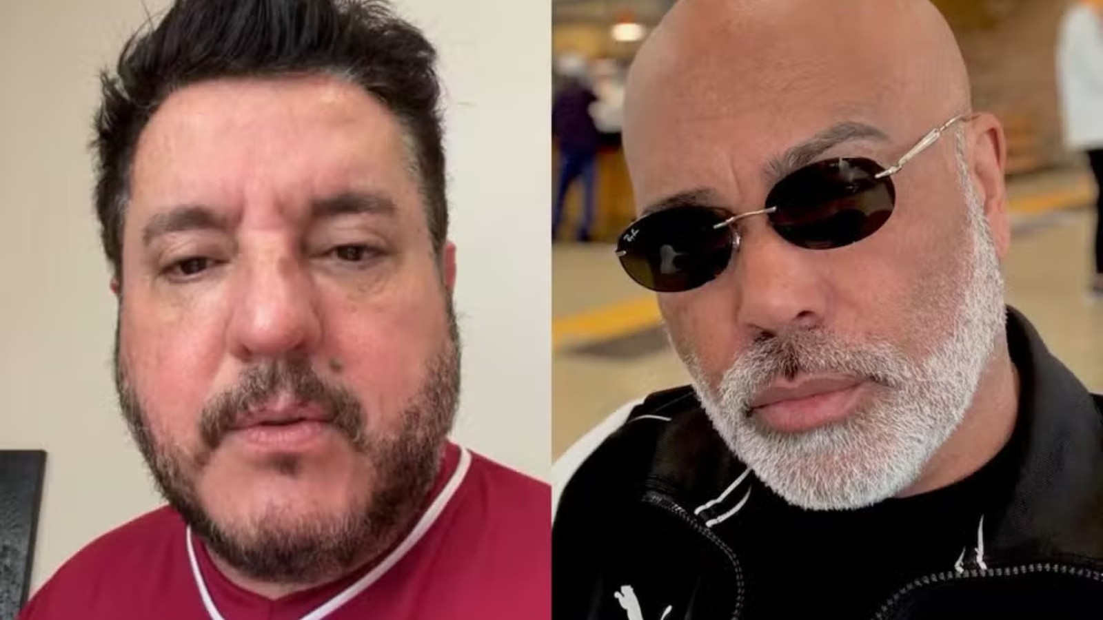 Homem com cabelo e barba escura. Homem careca com óculos e barba grisalha