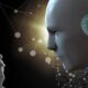 Uma figura humana observa uma grande cabeça de robô com código binário e rede neural