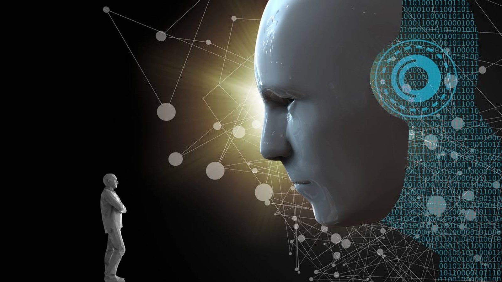 Uma figura humana observa uma grande cabeça de robô com código binário e rede neural