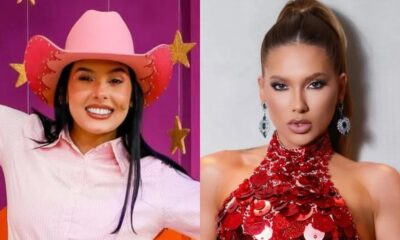 Virginia Fonseca de chapéu rosa e Ana Castela com blusa vermelha em montagem
