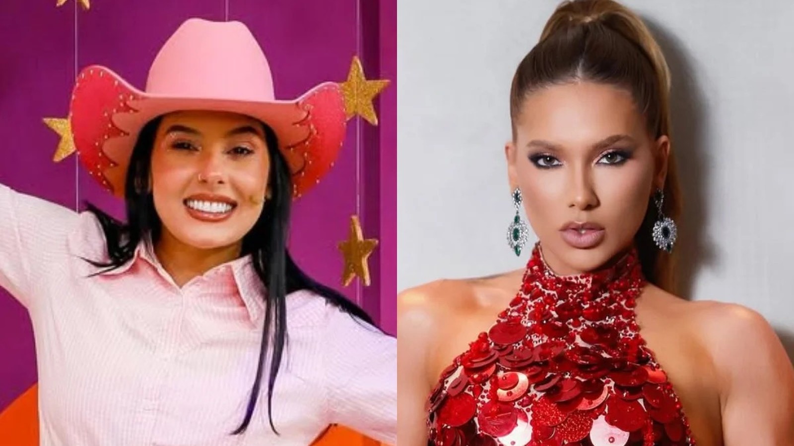 Virginia Fonseca de chapéu rosa e Ana Castela com blusa vermelha em montagem