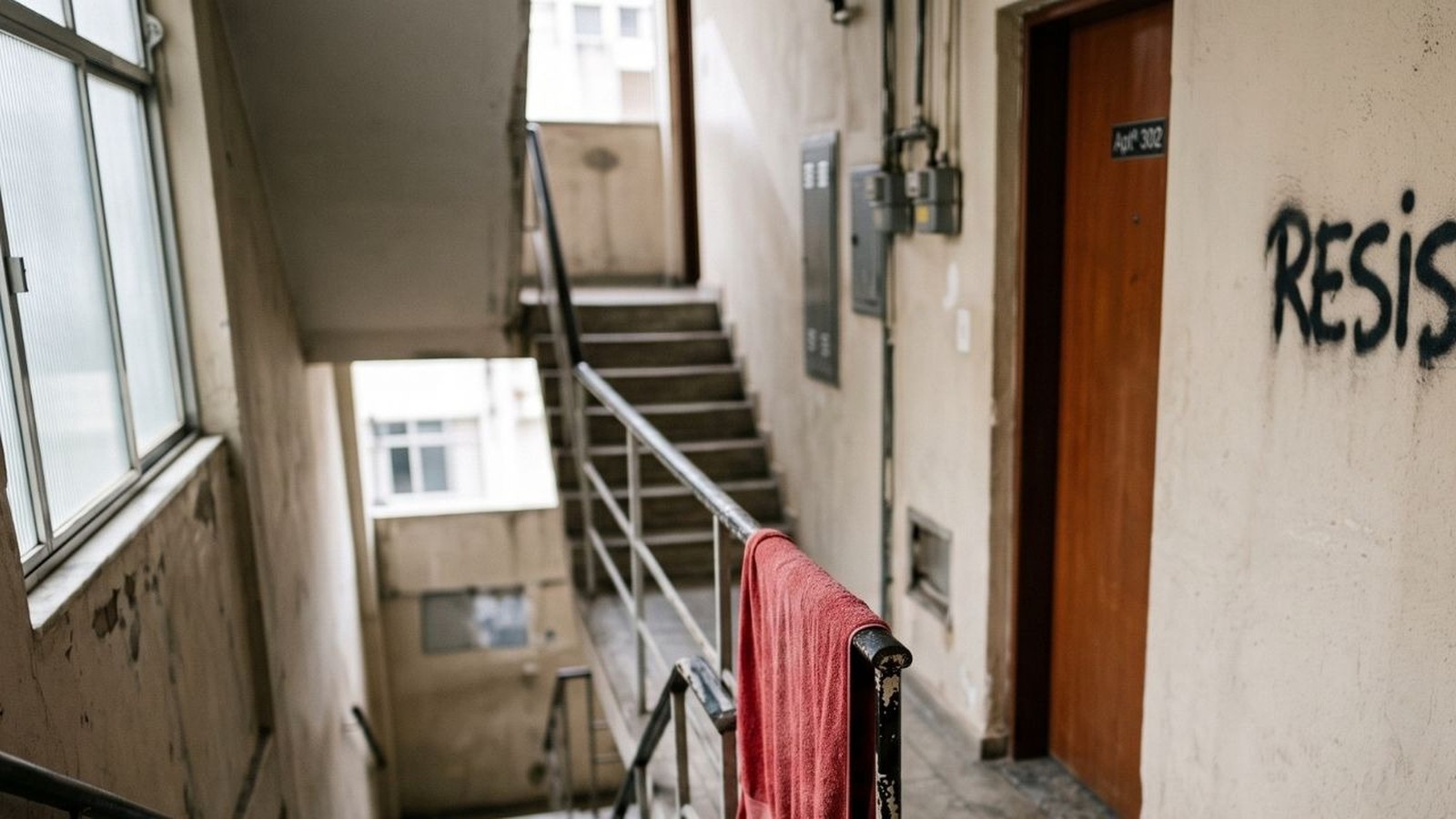 Corredor de edifício com escada, porta 'Apt 302', pichação 'RESIS' e toalha vermelha no corrimão