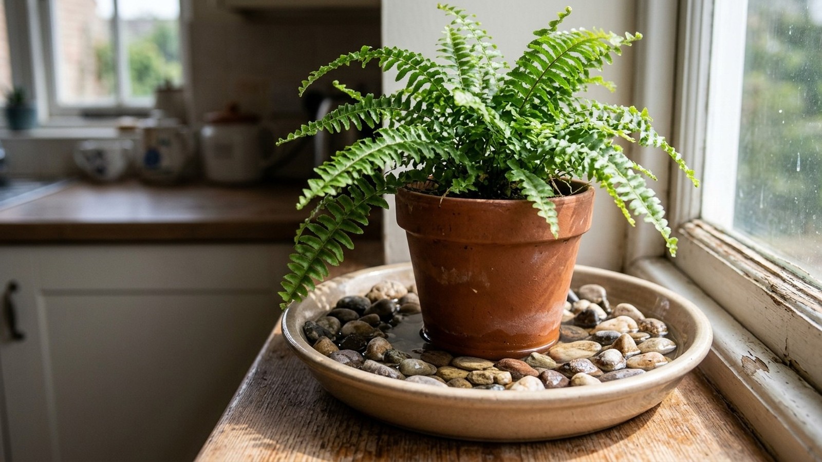 Planta samambaia em vaso de terracota sobre prato com pedras e água em parapeito de janela