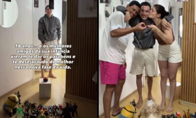 Quadro dividido: jovem celebra 18 anos com amigos e cupcake; brinquedos no chão; texto português sobre infância