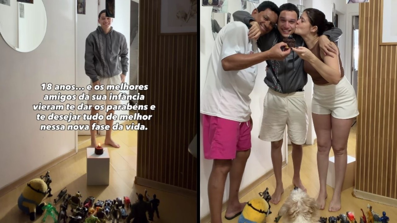 Quadro dividido: jovem celebra 18 anos com amigos e cupcake; brinquedos no chão; texto português sobre infância