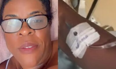 Rosto de mulher de óculos e braço com acesso intravenoso e adesivo médico