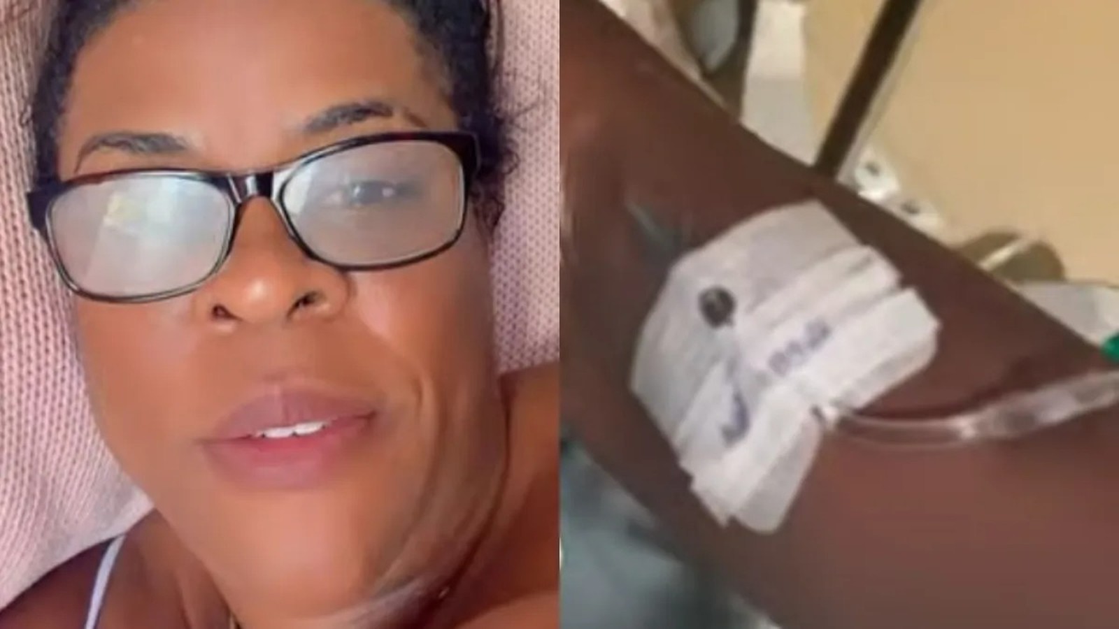 Rosto de mulher de óculos e braço com acesso intravenoso e adesivo médico