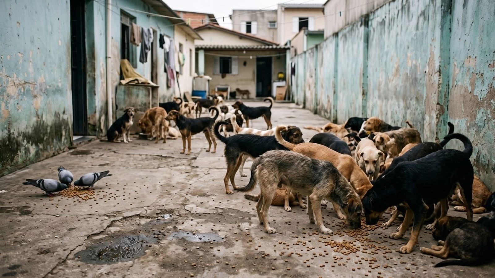 Dezenas de cães e três pombos comem ração espalhada no chão de cimento em uma área externa