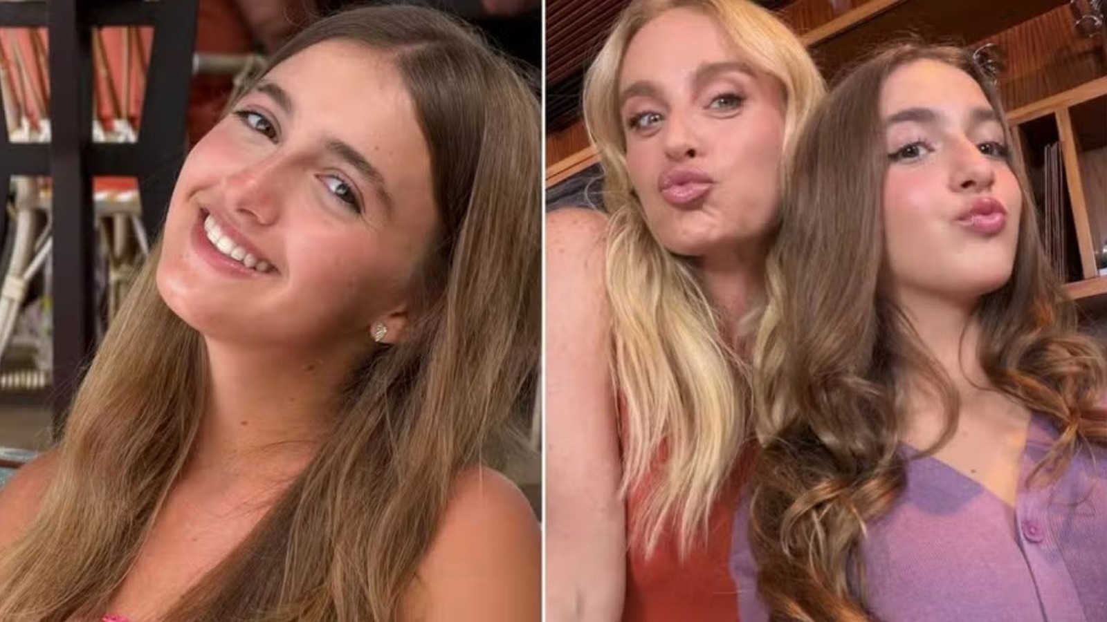 Angélica e a filha Eva Huck posam para selfie fazendo bico e Eva sorrindo em imagem dividida
