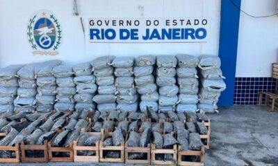 Sacos de maconha em caixotes de madeira e pilhas sob placa "Governo do Estado Rio de Janeiro"