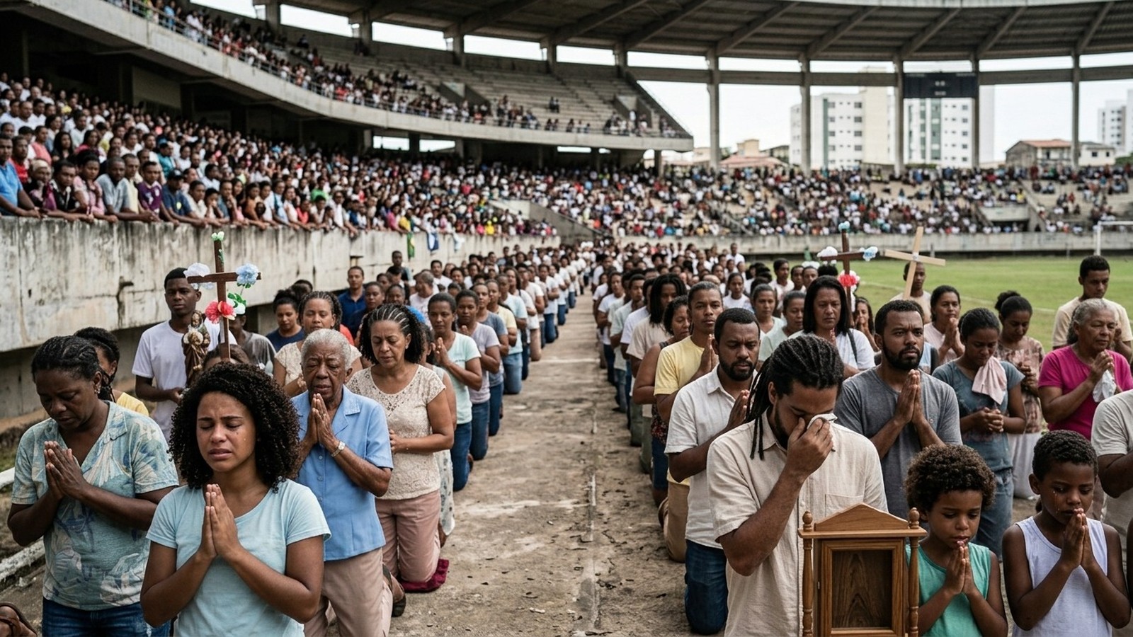 Pessoas ajoelhadas em oração num estádio, algumas chorando, com cruzes e público ao fundo