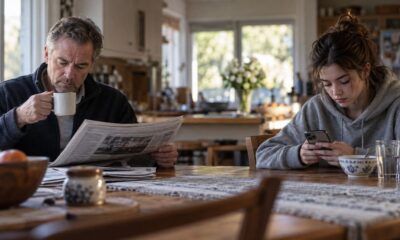 Homem lendo jornal e bebendo café, enquanto jovem usa o celular à mesa