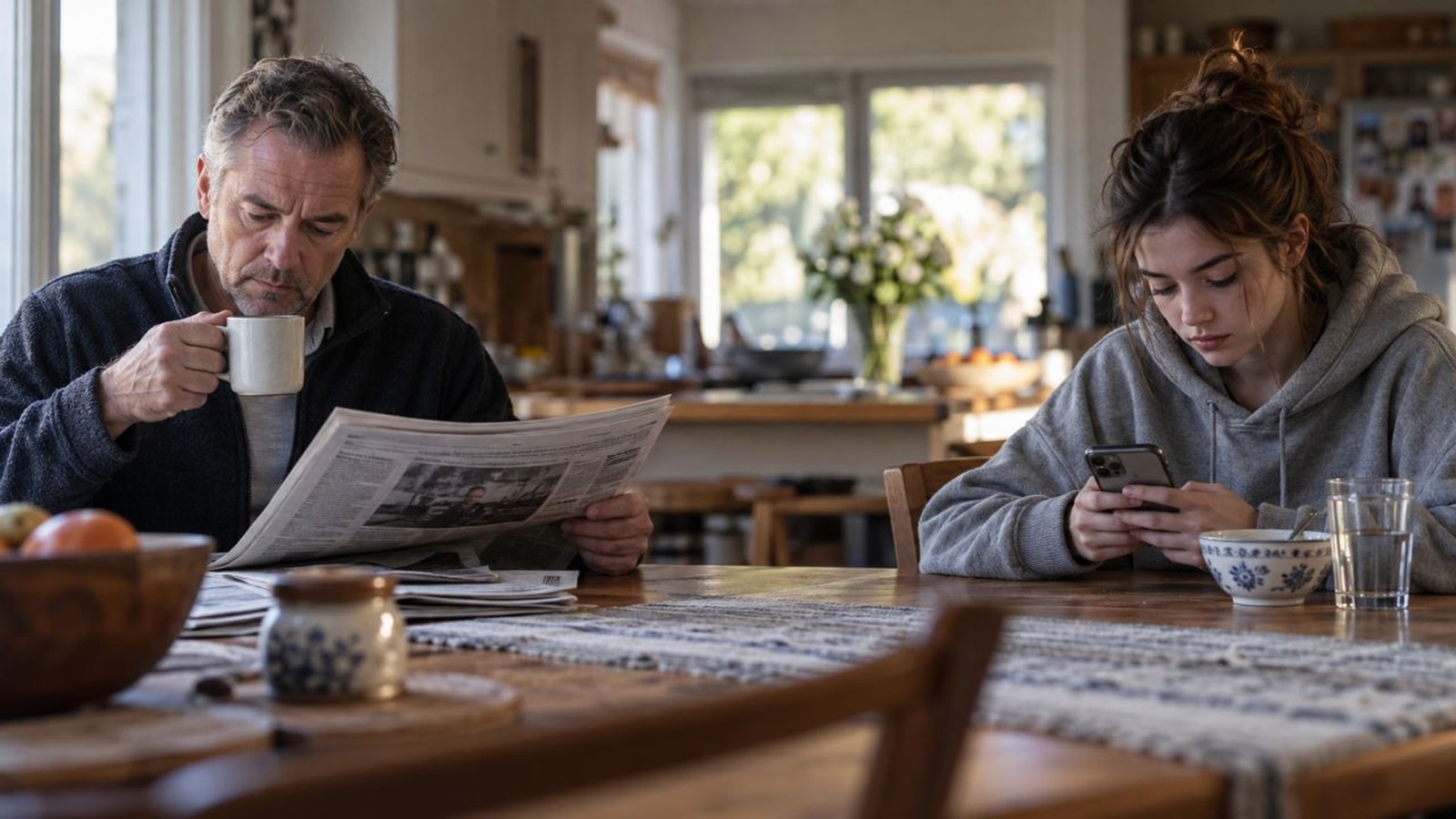 Homem lendo jornal e bebendo café, enquanto jovem usa o celular à mesa