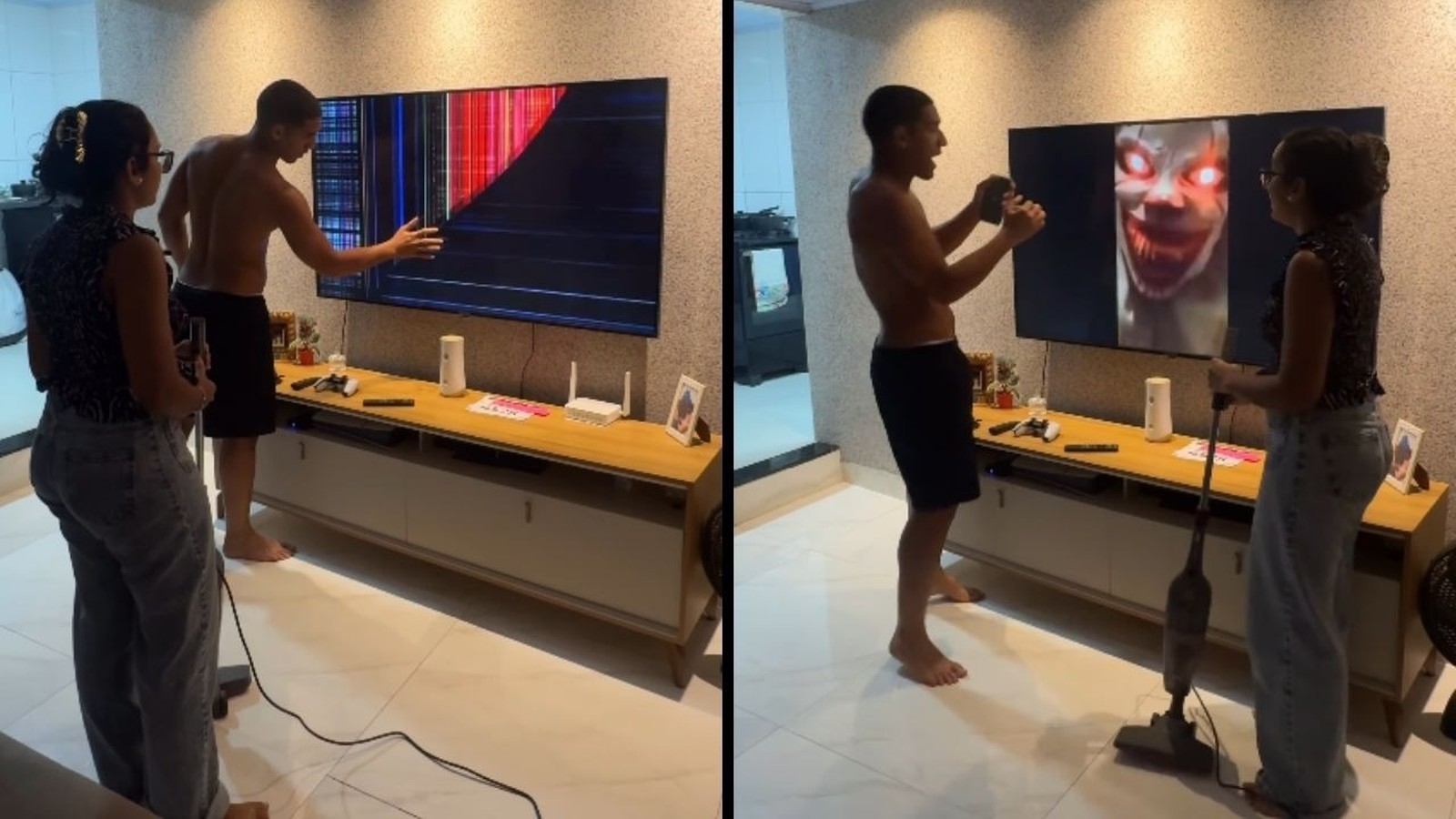 Homem e mulher diante de TV: primeiro tela quebrada, depois rosto assustador aparece