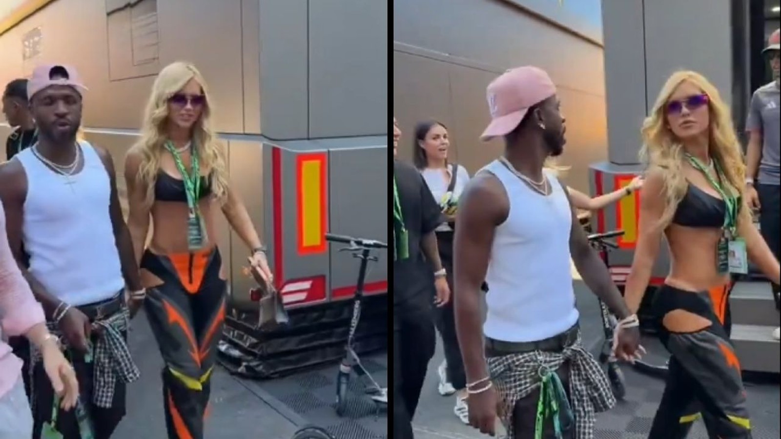 Vini Jr. e Virginia Fonseca de mãos dadas no paddock da Fórmula 1