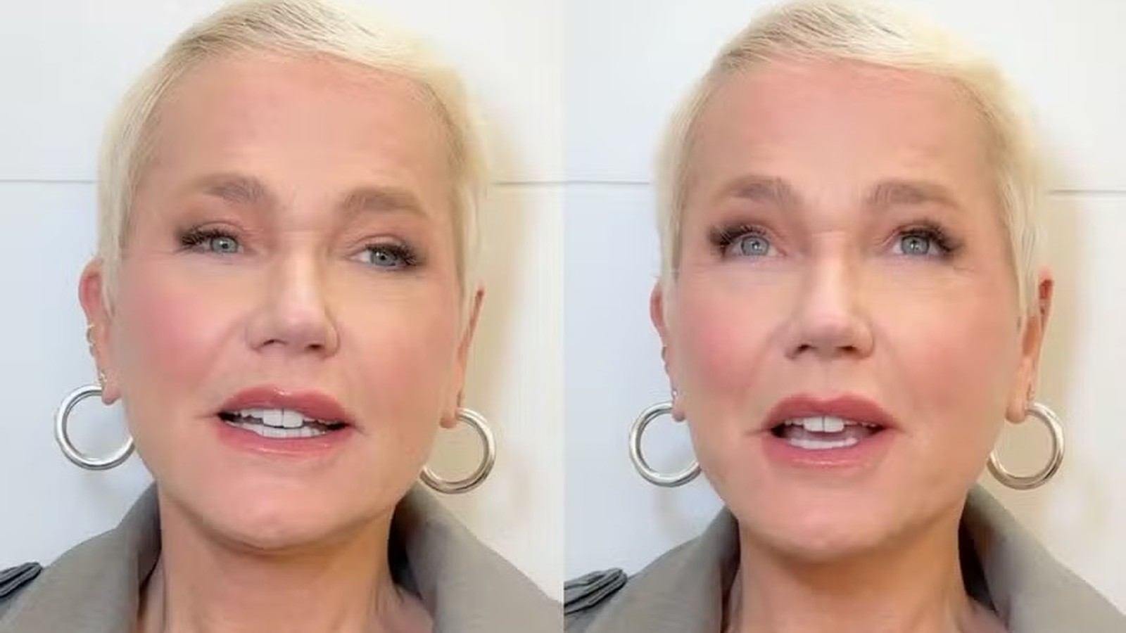 Close-up de Xuxa, cabelo loiro curto, maquiagem leve, brincos de argola, expressão de fala