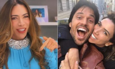 Patricia Abravanel em estúdio e selfie dela com Fábio Faria, ambos sorrindo