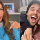 Patricia Abravanel em estúdio e selfie dela com Fábio Faria, ambos sorrindo