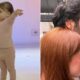 Menina de rosa dançando; casal sorridente, homem e mulher ruiva, olhando parede quadriculada