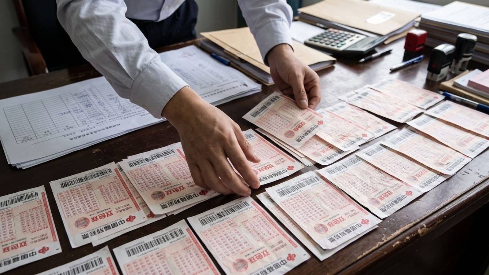 Mãos de pessoa organizam pilhas de bilhetes de loteria chinesa em mesa de madeira com documentos