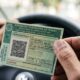 Mãos de motorista segurando a Carteira Nacional de Habilitação verde dentro de um carro