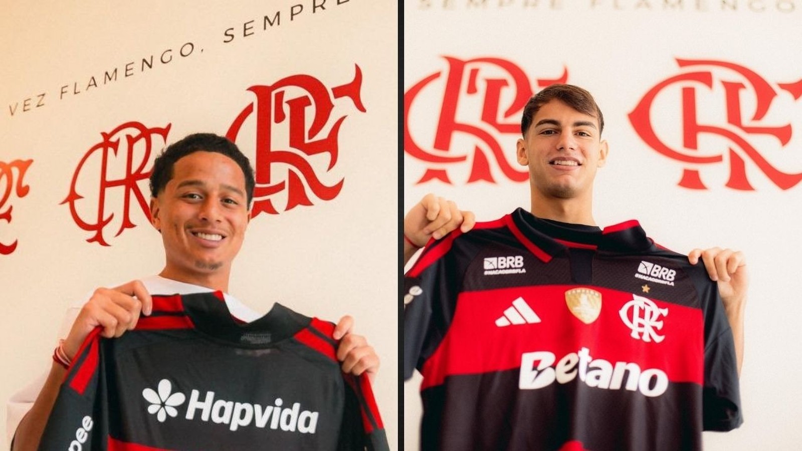 Dois jogadores sorrindo seguram camisas listradas preta e vermelha do Flamengo em frente a um muro com o logo CRF
