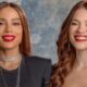 Anitta e Ana Clara, com cabelos castanhos e ruivos, batom vermelho, sorriem para a câmera