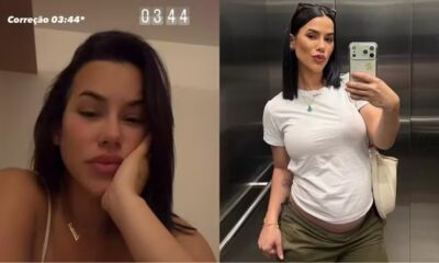 Mulher em duas fotos: cansada com "03:44" e em selfie de espelho grávida