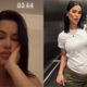 Mulher em duas fotos: cansada com "03:44" e em selfie de espelho grávida