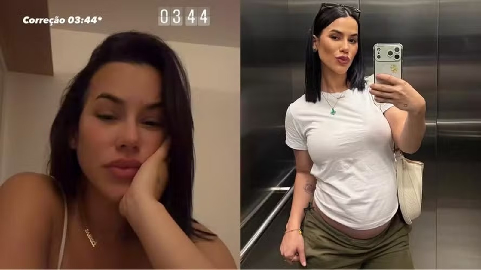 Mulher em duas fotos: cansada com "03:44" e em selfie de espelho grávida
