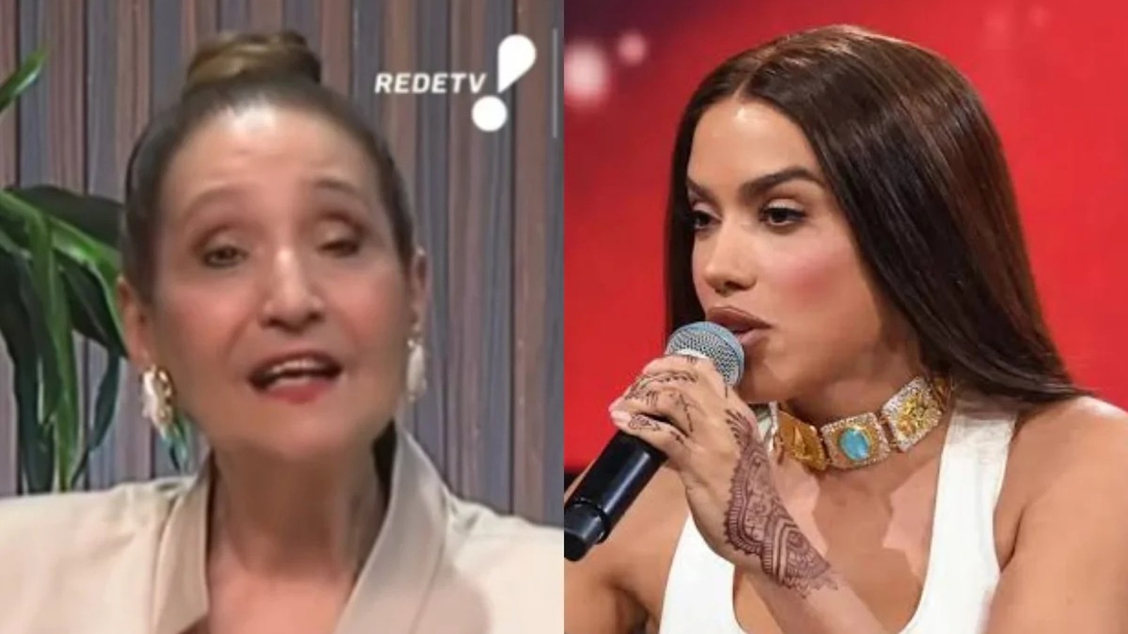 Mulher mais velha à esquerda falando, mulher jovem à direita segurando microfone com henna e colar