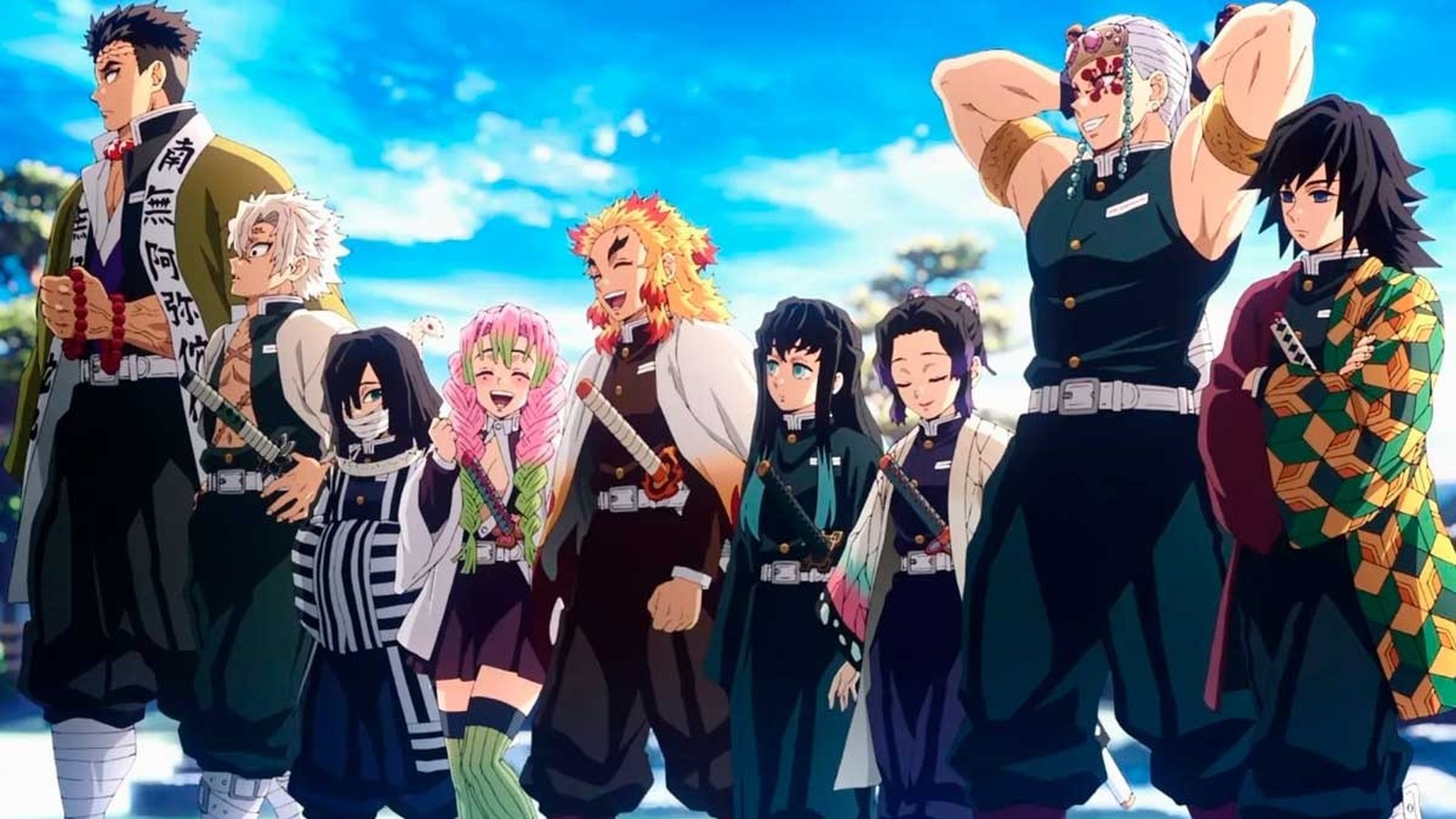 Grupo dos nove Hashira de Demon Slayer, incluindo Rengoku e Uzui, posam em céu azul