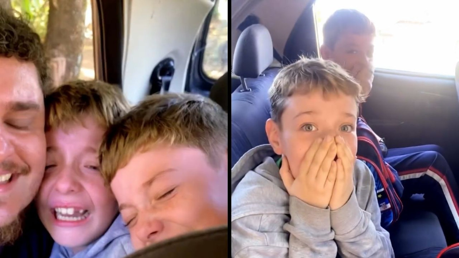 Homem adulto e dois meninos chorando, e um menino cobrindo a boca, todos dentro de um carro
