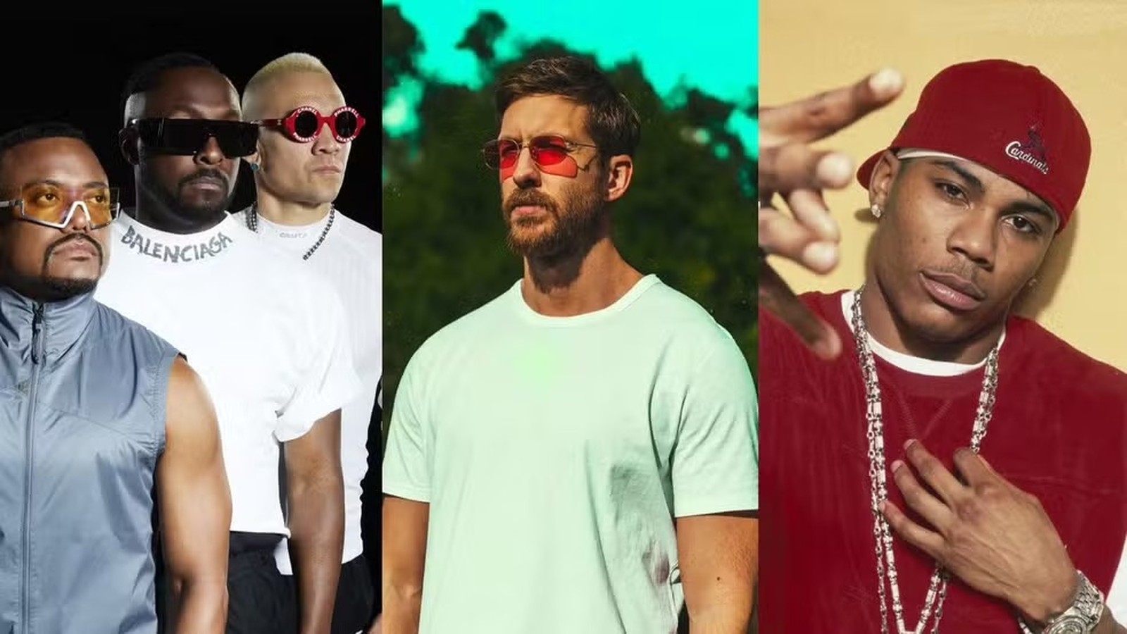 Trio Black Eyed Peas, Calvin Harris e Nelly em fotos separadas lado a lado
