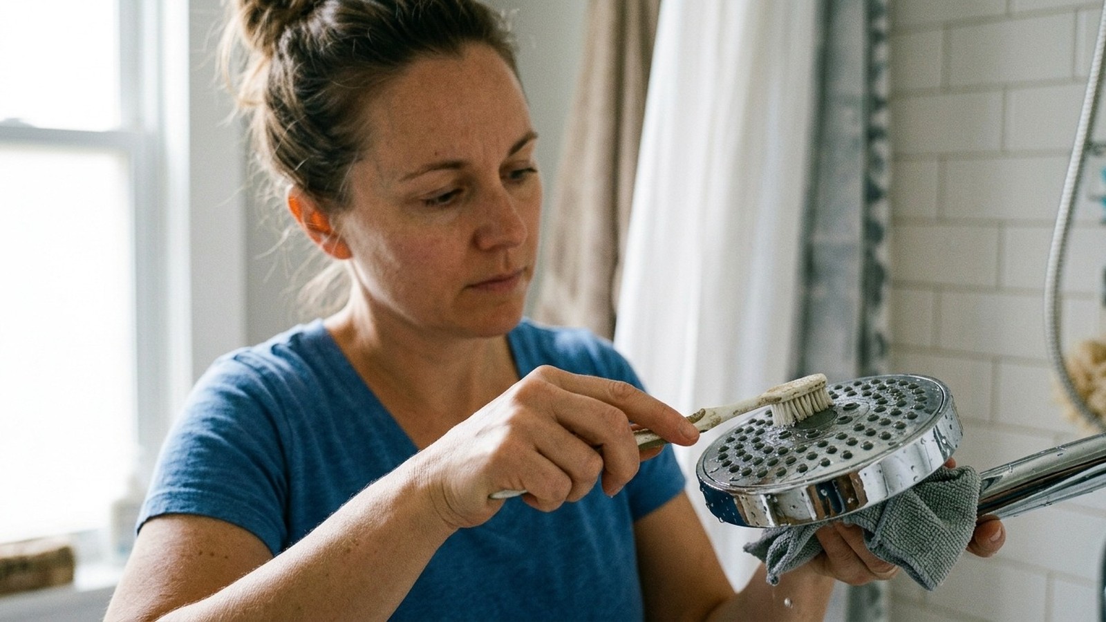 Mulher segurando um chuveiro cromado e usando uma escova de dentes para limpar os orifícios