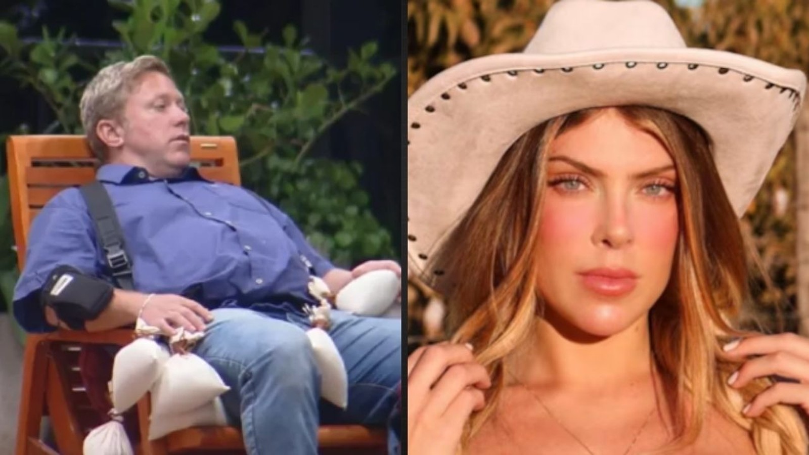 Sérgio Hondjakoff sentado, com sacos brancos; Ana Bruna de chapéu de cowboy, olhando para câmera