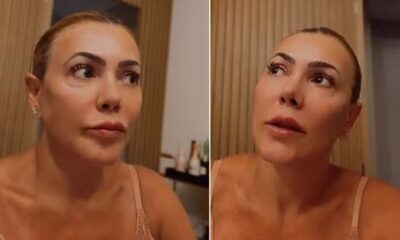 Close-up de Fabiana Teixeira, com cabelo loiro preso, expressando preocupação em duas imagens
