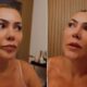 Close-up de Fabiana Teixeira, com cabelo loiro preso, expressando preocupação em duas imagens