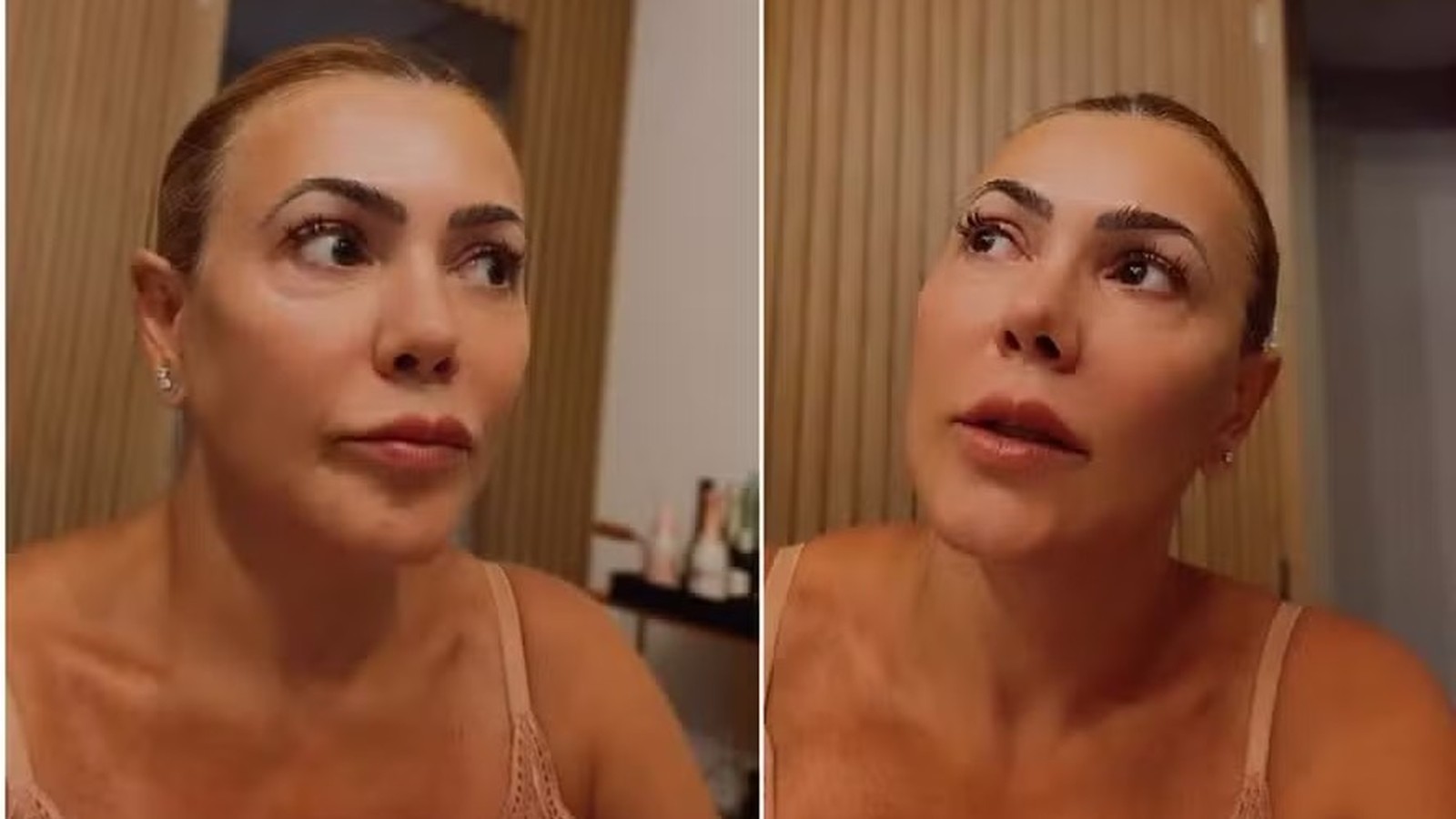 Close-up de Fabiana Teixeira, com cabelo loiro preso, expressando preocupação em duas imagens