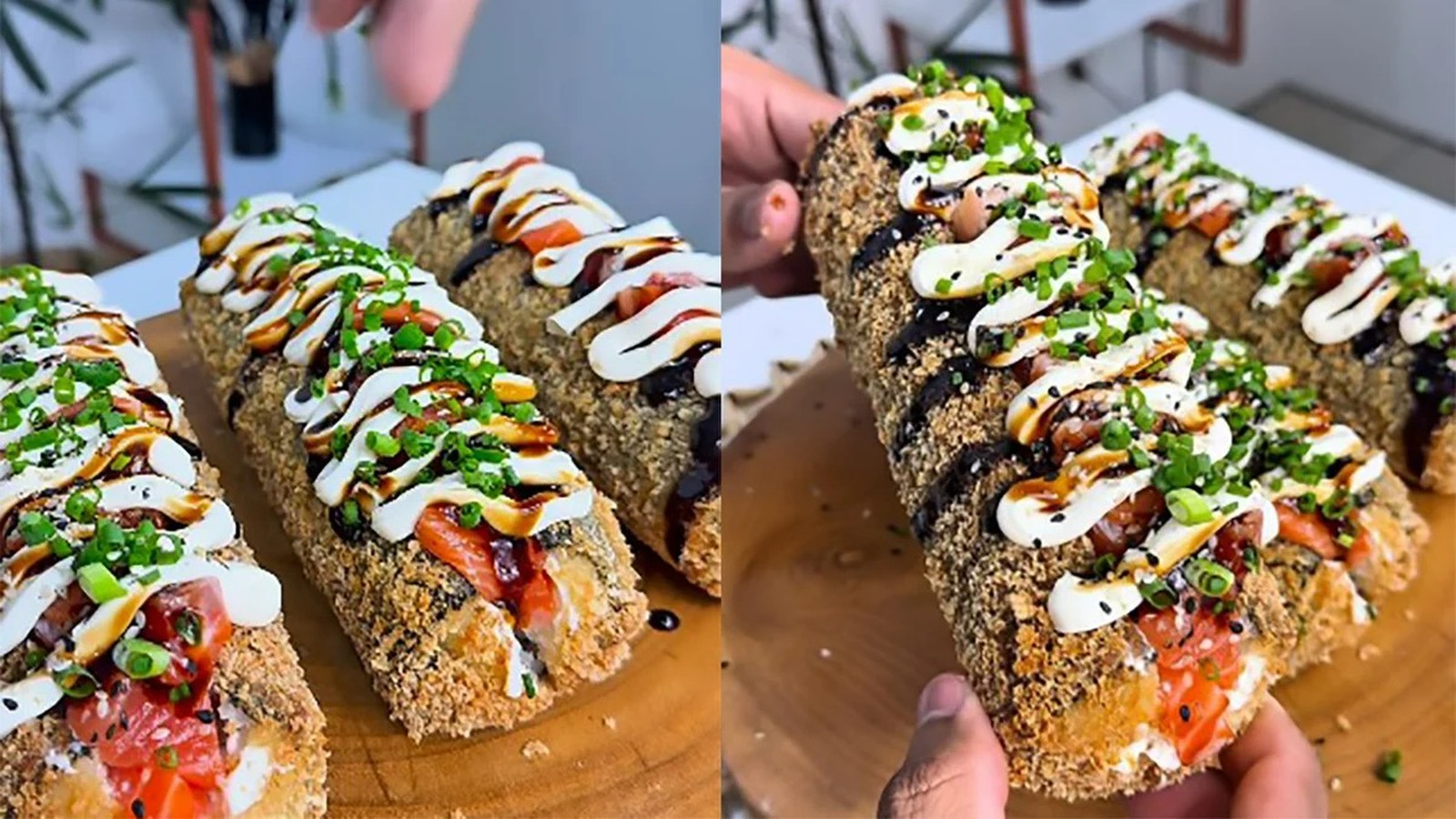 Sushi dogs fritos e empanados, com salmão, cream cheese, molho tarê, cebolinha e gergelim