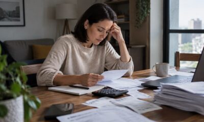 Mulher com expressão preocupada sentada à mesa, analisando papéis com calculadora e laptop