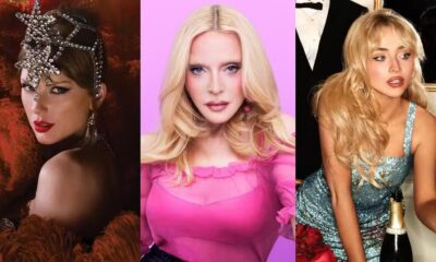 Taylor Swift com tiara, Madonna de cabelo solto e Sabrina Carpenter com vestido brilhante