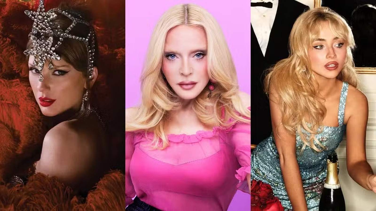 Taylor Swift com tiara, Madonna de cabelo solto e Sabrina Carpenter com vestido brilhante