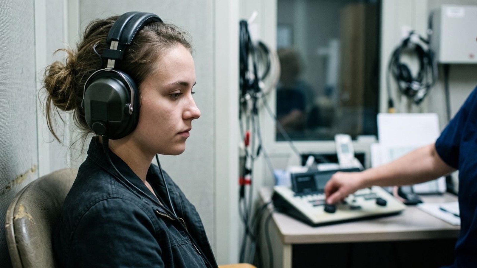 Mulher jovem com fones de ouvido pretos faz exame de audiometria em cabine à prova de som