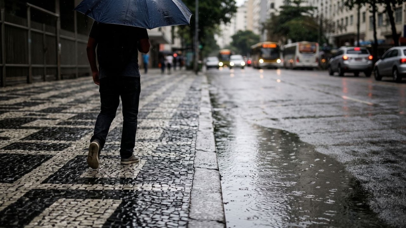 Homem com guarda-chuva caminha em calçada molhada, rua com poças e carros desfocados