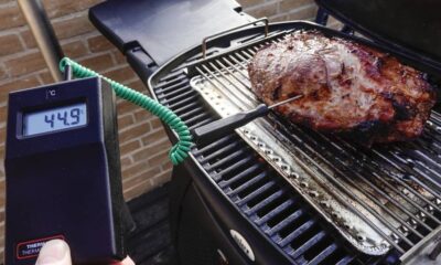 Termômetro digital marca 44.9°C, com sonda espetada em carne assando na churrasqueira.